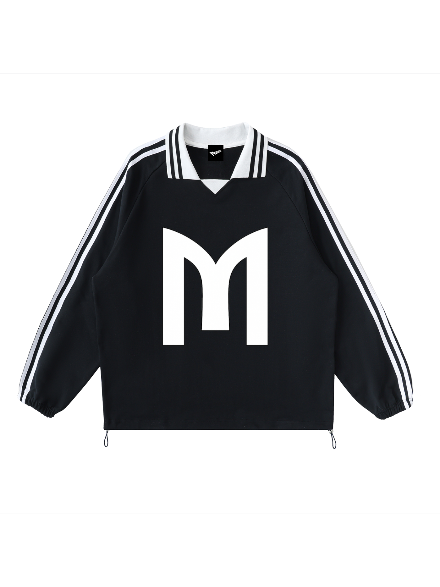 Monarch Contrast Striped Lapel Collar Sweatshirt — Black — Front